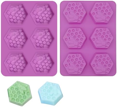2 Pcs Honeycomb Soap Molds Bee Honey Silicone Molds Cake Molds Beehive Chocolate Mold Set for Home Handmade DIY Candle Muffin Baking Tray Lotion Bars Wax Melts Beeswax Tool (Purple)