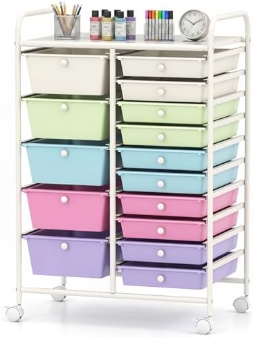 GOFLAME 15-Drawer Rolling Storage Cart, Craft Storage Cart with Removable Drawers & Lockable Wheels, Art Cart Supply Storage Organizer for Home Office Classroom, Ice Cream