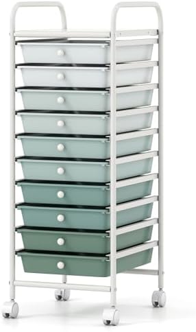 Storage Cart, Rolling Utility Cart with 10 Drawers, Portable Handles & Lockable Wheels, Mobile Paper Toys Storage Organizer Large Capacity for Home Office School Teacher (Gradient Green)