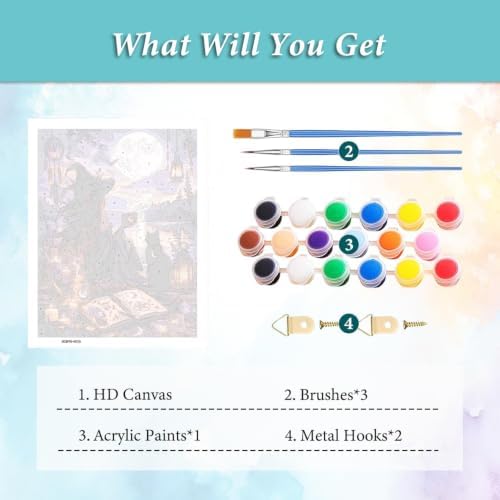 MXCFZX Halloween Witch Paint by Numbers Kits for Adults, Magical Book Painting by Numbers for Beginners with Cat, DIY Acrylic Oil Painting by Numbers for Adults for Gift Home Wall Decor(16x20inch)