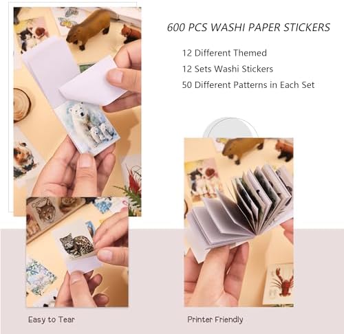 12 Sets 600 Sheets Washi Stickers Book for Journaling, Jungle Animal Sticker, Wild Zoo Sea Animal Aesthetic Scrapbook Dinosaur Sticker Set for Bullet Journal Card Craft Gift Rewards for Kid Notebook