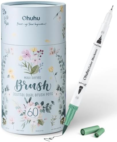 Ohuhu Adult Coloring Book Markers 60 Colors Dual Tip Water-Based-Maui-White | No Bleed Coloring Markers Fineliner & Brush Drawing Pens Art Pens for Kids Adults Sketch Journal