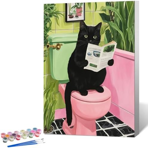 Framed Paint by Numbers Kit for Adults, Black Cat Bathroom Decor 8x12 Inch
