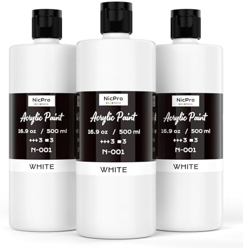 Nicpro 3 Pack White Large Acrylic Paint (16.9 oz, 500 ml), Rich Pigments | Non Toxic Craft Paint for Multi Surface, Canvas, Wood, Leather, Fabric - Art Painting Supplies for Beginner, Artist & Adult