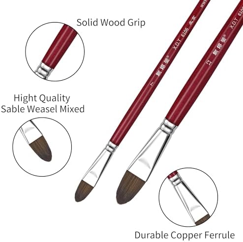 XDT#6106 Filbert Artist Paint Brush 6 Piece Set Medium Soft Red Sable Weasel Mixed Extra Long Handle #2#4#6#8#10#12, Acrylic Oil Watercolor