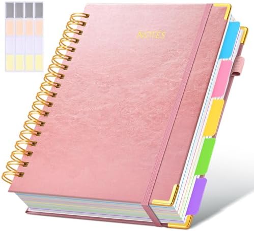 Hardcover Spiral Notebook Journal with Removable Dividers Tabs, 300 Pages Leather 5 Subject Notebook College Ruled, 8"x10" Large Notebooks for Work School, Lined Journal for Women, Rose gold