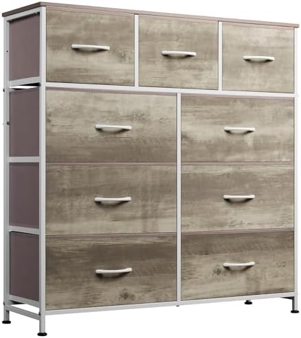 WLIVE Tall Dresser for Bedroom, 9 Drawer Chest of Drawers, Greige | 9 roomy fabric drawers, Tall storage design, Bedroom or closet use, Sturdy steel frame, Smooth wood tabletop