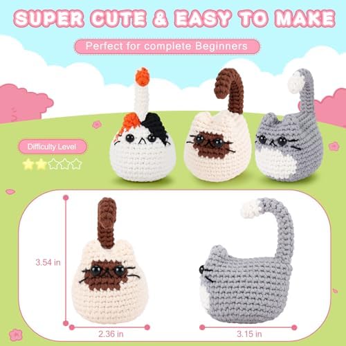 Cat Crochet Kit for Beginners-3PCS Cats Crochet Kits,Teacher Appreciation Gifts for Women, Crochet Starter Kit with Step-by-Step Video Tutorials,Crochet Animal Kits DIY Craft Learn to Crochet Kits