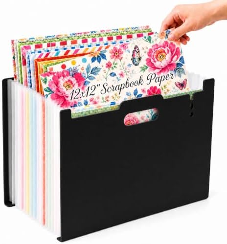 12x12 Scrapbook Paper Storage Organizer, Expandable 13 Pocket Desktop Paper Organizer Storage for Scrapbook Essentials, Large Scrapbook Storage for Photos, Washi Tape, Sticker (Black)
