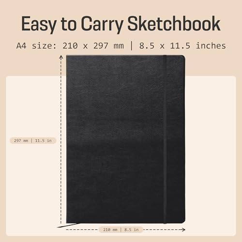 BROWNSTONE JOURNALS A4 Sketch Book Hardcover - 80 Sheets 100 GSM Paper | 8.5" x 11.5", Lay Flat, Vegan Leather Hardcover, Elastic Band, Back Pocket, Art Drawing Book for Adults & Students
