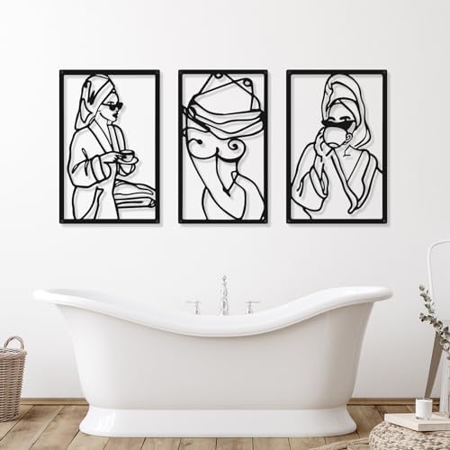 CHENGU 3 Pieces Metal Minimalist Abstract Woman Wall Art Line Drawing Wall Art Decor Single Line Female Home Hanging for Kitchen Bathroom Living Room