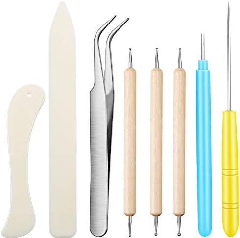 Mudder 8 Pcs Bone Folder Tools Include 2 Pieces Bone Folder Paper Creaser 3 Pieces Double Head Indentation Pens with Sugar Stir Needle Quilling Needle Pen and Tweezers for Card Making Scrapbooking