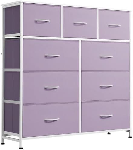 WLIVE Tall Dresser for Bedroom, 9 Drawer Chest of Drawers, Purple | 9 roomy fabric drawers, Tall storage design, Bedroom or closet use, Sturdy steel frame, Smooth wood tabletop