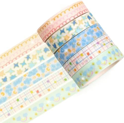 Cute Pattern Washi Tape Set 5 Rolls Glitter Cover Decorative Wide Kawaii Masking Tapes for Arts, DIY Crafts, Journals, Planners, Scrapbook, Wrapping (5 Soft Rainbow)