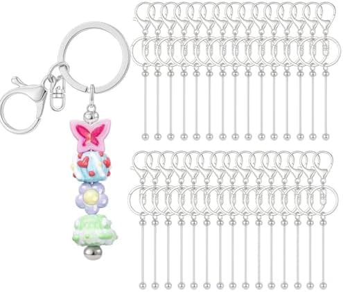 RQAYE 30pcs Beadable Keychains keychain bulk kit cute blank bead keychain strip DIY men's and women's making supplies crafts, jewelry, bag accessories, customized project gifts (Silver)