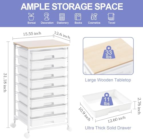 SYKIARIOL Rolling Storage Cart with Drawers, 8 Drawers Utility Cart,White | Rolling Drawer Cart with Wooden Tabletop,Storage Drawer Cart for Living Room,Classroom,Bedroom,Dorm,Office