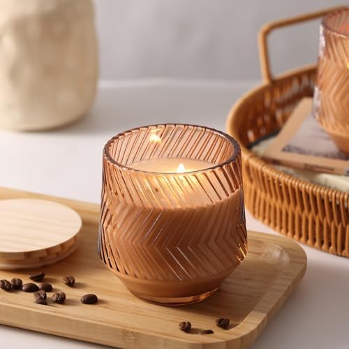 6 Pcs 13.5 OZ Terracotta Large Candle Jars for Making Candles, Ribbed Unique Candle Jars, Glass Jars with Wooden Lids and Labels for Candle Making Supplies, Container, Gift