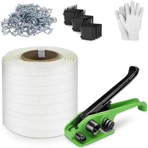 Heavy Duty Banding Strapping kit Contain 3/4"x 330' Woven Cord Packaging Straps & 100 Metal Wire Buckles 100 Plastic Edge Protectors Tensioner with Cutter Tool Glove