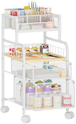 SWTYMIKI Rolling Cart with Drawers - Metal Craft Cart with Wheels, DIY Divider and Wood Shelf, Art Supply Organizer for Under Desk Storage, Utility Storage Cart for Home Office Studio, White