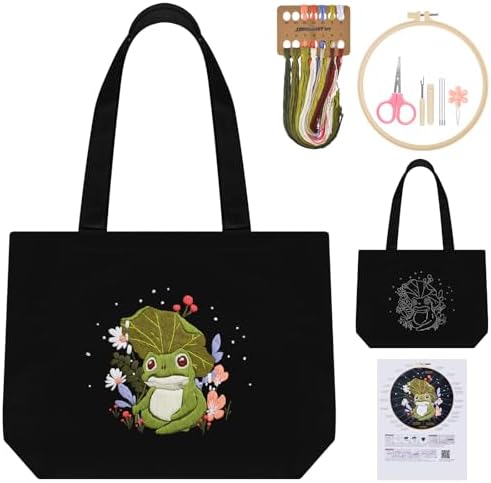 ERKOON Embroidery Canvas Tote Bag for Beginners, Floral Arts Crafts Cross Stitch Kits for Adults Including Stamped Embroidery Bag with Hoops, Needle, Instruction and Color Threads (Frog)