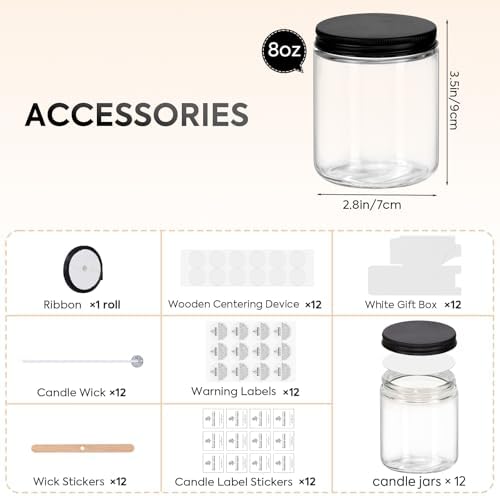 12 Pack 8OZ Glass Jars with Metal Lids, Candle Jars with Candle Making Kits, Labels, Gift Box, Empty Canning Jars, for Food Storage, Spice, Liquid