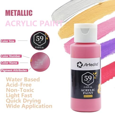 Artecho Acrylic Paint Set 20 Metallic Colors 2oz/59ml with 10 Brushes | Permanent rich pigment non-toxic craft kit for canvas, fabric, rock, wood, ceramic, Great gift for adults & beginners