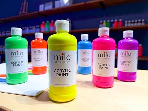 milo Fluorescent Acrylic Paint Set, 6 Neon UV Colors, 16 oz Bottles