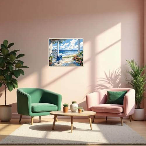 Beach Paint by Numbers Kit for Adults Beginner Landscape Oil Painting Kit Adult Paint by Number Kits on Canvas Ocean DIY Painting for Beginners Art by Numbers for Gifts Home Wall Decor 16x20 Inch