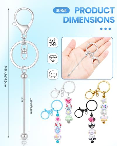 RQAYE 30pcs Beadable Keychains keychain bulk kit cute blank bead keychain strip DIY men's and women's making supplies crafts, jewelry, bag accessories, customized project gifts (Silver)