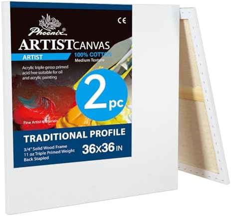 PHOENIX 36x36 Inch 2 Pack Artist Canvas - Extra Large Square Stretched Canvases for Painting - 3/4 Inch Profile, 100% Cotton 11 Oz. Gesso Primed White Blank Professional Canvas Oil & Acrylic Paints