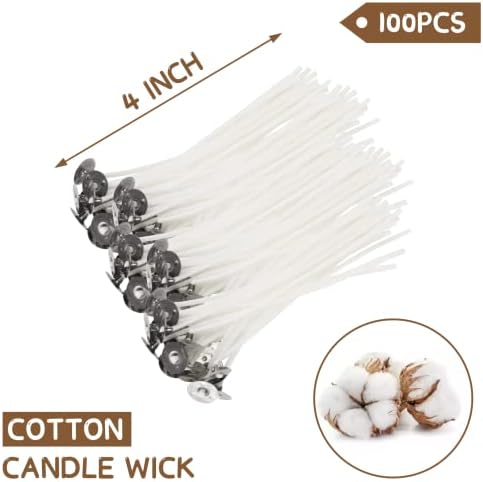 JEAWIWI 100 Pcs Cotton Candle Wicks, 4 inch, with Wick Stickers & Holders