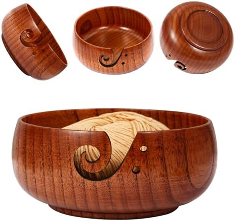 Wooden Yarn Bowl, 8" x 3" Knitting Tool with Holes, Handmade Rounded Edge for Crocheting, Storage Holder for DIY Sewing Supplies