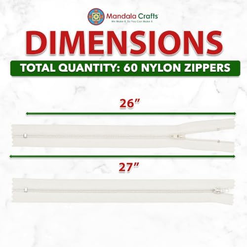 Mandala Crafts 60 PCs Off White Closed-End 26 Inch Nylon Zippers for Sewing