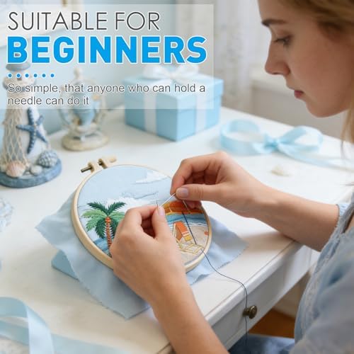 ElasignShopo Ocean Embroidery Kit for Beginners Adults, Easy Cross Stitch Kit Spring Summer Beach Ocean Pattern Embroidery Starter Kits with Wooden Hoop Needles Threads Display Stand and Instruction