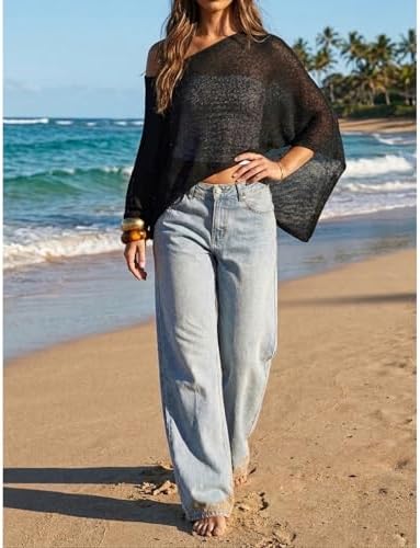 Women Sheer Knit Poncho Top Beach Cover Up Lightweight Crochet Shrug Y2k Summer See Through Shawl