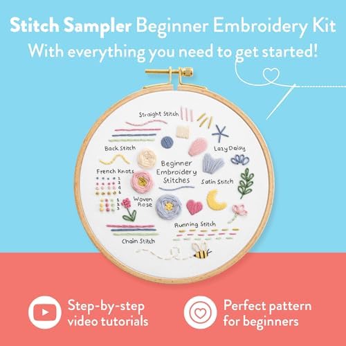 Clever Poppy Stitch Sampler Beginner Embroidery Kit – Easy Embroidery Kit for Beginners with Hoop, Thread & Patterns – Hand Embroidery Kit for Adults and Teens – Complete Embroidery Starter Kit