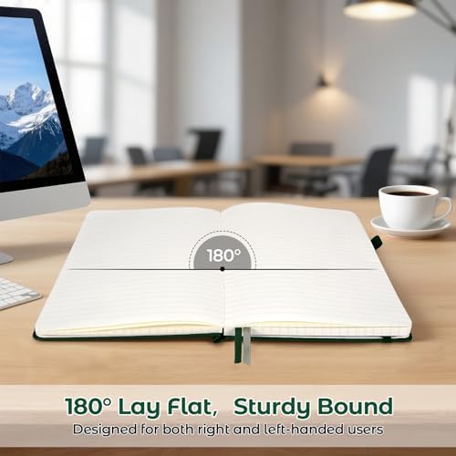 MALEDEN Notebook, A5 Hardcover Leather Notebook for Work, Notebook Journal for Women, Men, 192 Thick Paper, Large Notebook with Pockets, Professional Business Notebook (College Ruled, Green)
