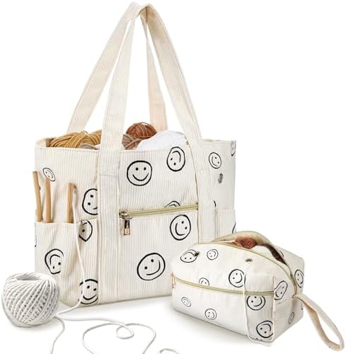 Bulyoou 2 Pcs Crochet Bag and Tote Set, Corduroy Yarn Bag with Grommets, Smile Face Crochet Project Bags Organizer for Hooks, Needles, Knitting Accessories, Gifts for Women Yarn Crafts Lovers