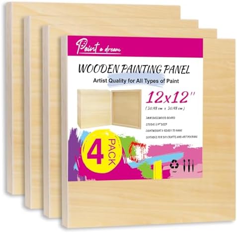 4 Pack 12x12 Basswood Wood Canvas Board – Studio 3/4'' Deep Cradled Wood Panels for Painting, Crafts, Oil & Resin Art - Sturdy Wood Painting Boards for Artists and DIY Crafters