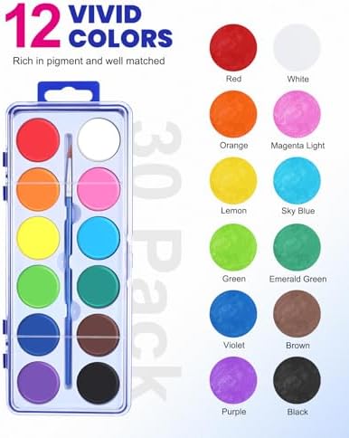 30 Pack Watercolor Paint Set, 12 Colors Watercolor Paint Set Bulk with Paint Brushes, Washable Paint, Art Supplies for Classroom, Parties