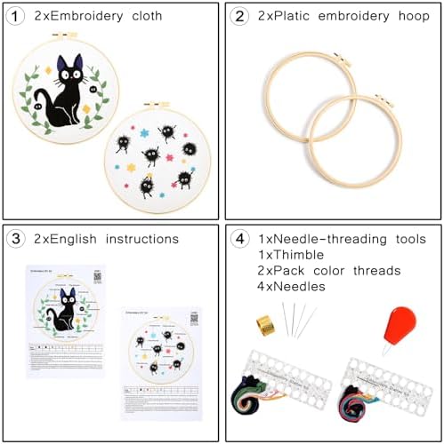 Cat Embroidery Starter Kit for Beginners Adults, Animal Stamped Cross Stitch Kit for Adult Beginner, Hand Embroidery Needlepoint Kits, 2 Set Embroidery Supply, 2 Hoops (Attached Video Tutorial)