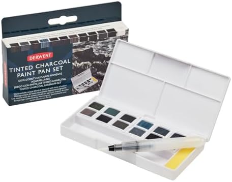 Derwent Tinted Charcoal Paint Pan Set, 12 Paints, Professional Quality, Water Soluble, Blendable, Portable, Includes Palettes, Mini Waterbrush & Cleaning Sponge (2305872)