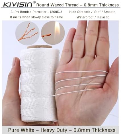 Bonded 0.8mm Round Waxed Polyester Cord, 3-ply Wax Coated Thread, 197 Yards Stiff String for Heavy Duty Fabric, Leather Sewing, Book Binding, Upholstery Repair, and Macrame Jewelry - White