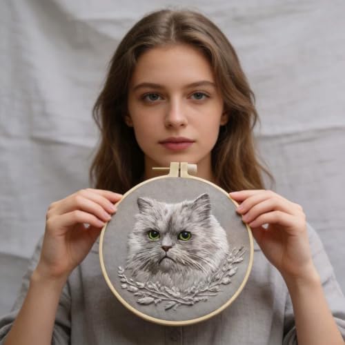 Grey Cat Embroidery Kit for Adults with Tools & Instruction