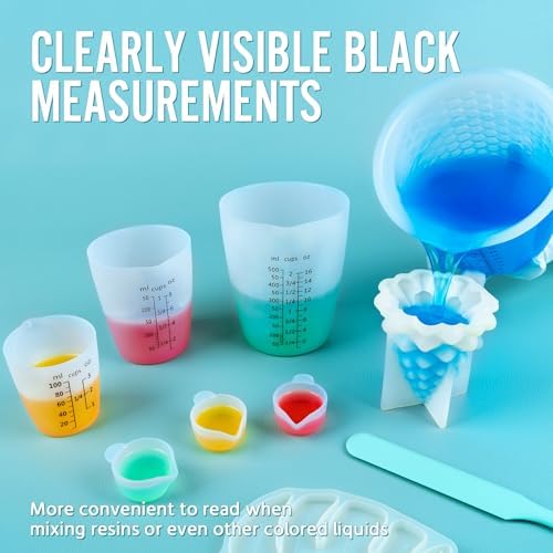 Silicone Resin Mixing 1L Measuring Cup Set for Resin Supplies, Easy-to-Read Marks, 1000ml/32oz Large Cup, 500&250&100ml Thickened Reusable Silicone Cups for Epoxy Mixing, Jewelry Making