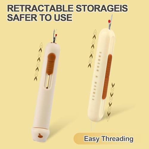 Automatic Needle Threaders Seam Ripper, Upgraded 3 in 1 Sewing Needle Threader Tool, 2Pcs Stretchable Quick Seam Rippers with Needle Storage for Hand Quilling, Embroidery Stitch Removal(Yellow)