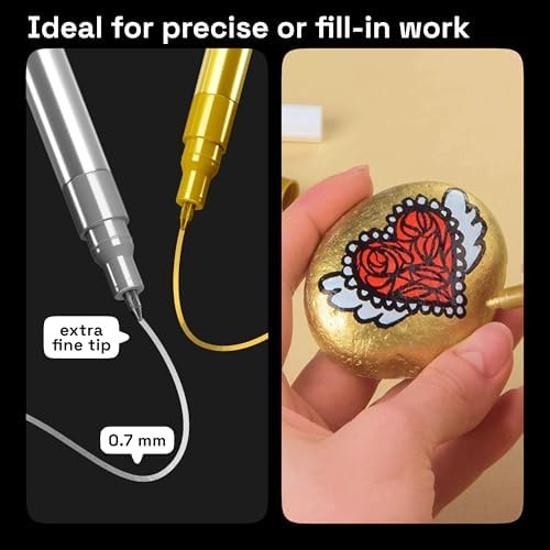 ARTISTRO 6 Gold & Silver Metallic Acrylic Paint Pens – 0.7mm Extra Fine Tip Paint Pens for Crafts, Rock Painting, Greeting Cards, Ornament Decor, DIY Art