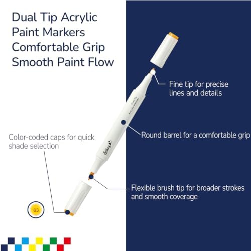 Artkey Acrylic Paint Markers 24 Colors, Dual Tip Acrylic Paint Pens with Brush and Fine Tips, Acrylic Markers Set for Rock Painting, Wood, Canvas, Glass, Ceramic, Stone, Fabric, Plastic, DIY Crafts