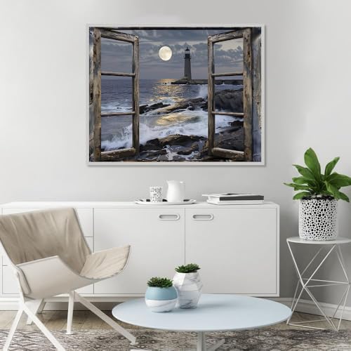 Clendo Paint by Numbers Kit for Adults- Lighthouse Adult Paint by Number Kits on Canvas for Beginners, DIY Beach Scene Acrylic Oil Number Painting Kits for Home Wall Decor 16"x 20" (Without Frame)
