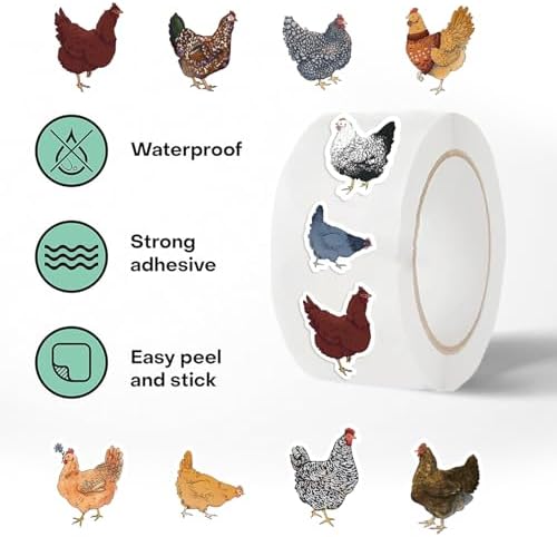 1000PCS Chicken Sticker Roll, 2 Rolls 10 Designs Farm Stickers